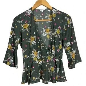 Candie's Dark Green Floral Wrap Blouse with Yellow, White & Pink Accents